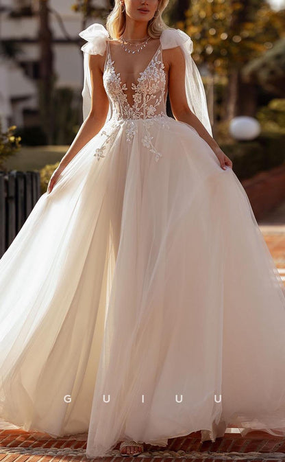 GW701 - Classic & Timeless A-Line V-Neck Floral Appliques Draped Long Wedding Dress with High Side Slit and Bows