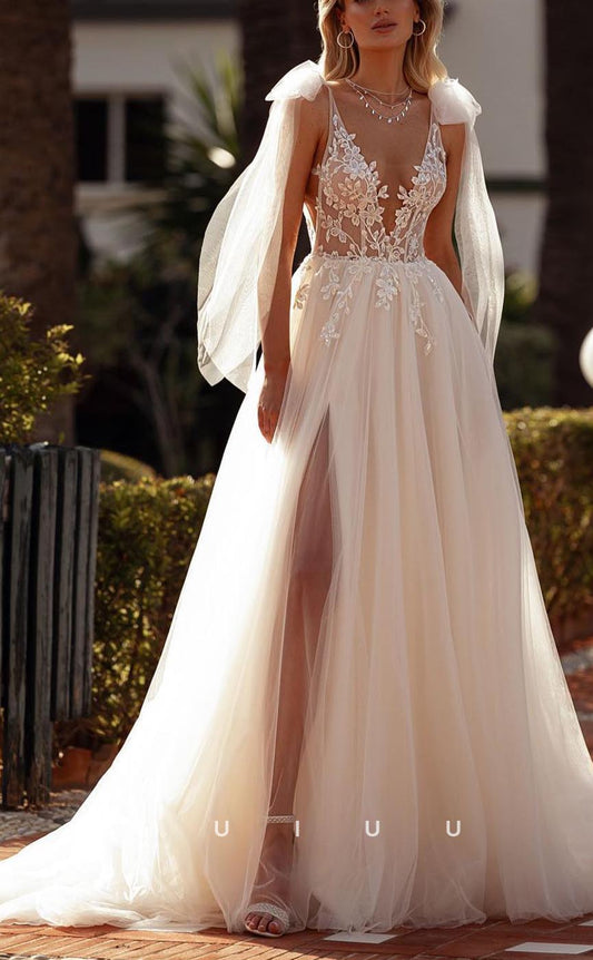 GW701 - Classic & Timeless A-Line V-Neck Floral Appliques Draped Long Wedding Dress with High Side Slit and Bows