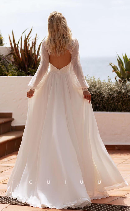 GW702 - Chic & Modern A-Line V-neck Cut-outs and Sequined Boho Wedding Dress with High Side Slit and Long Bishop Sleeves