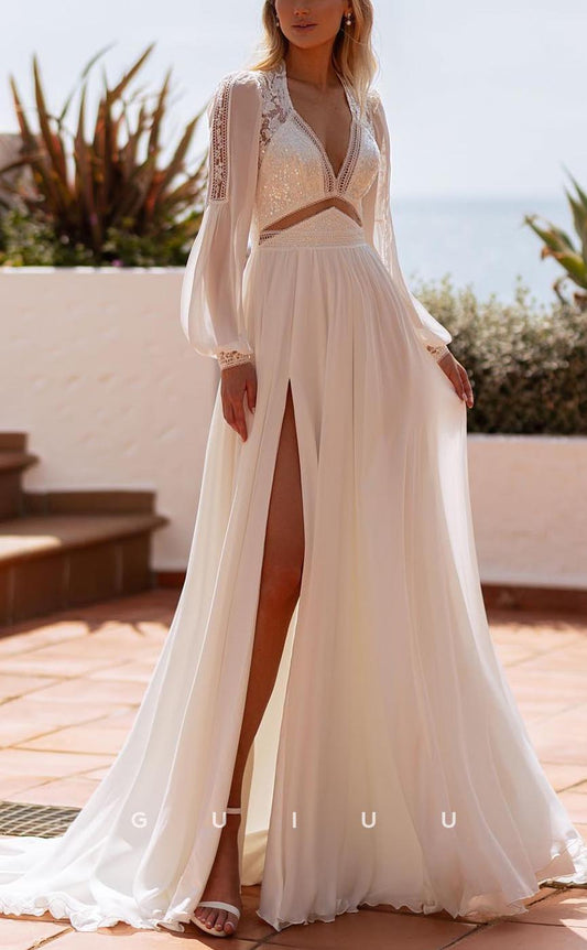 GW702 - Chic & Modern A-Line V-neck Cut-outs and Sequined Boho Wedding Dress with High Side Slit and Long Bishop Sleeves