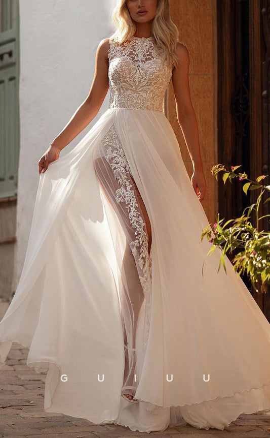 GW703 - Chic & Modern A-Line Scoop Lace and Floral Appliques Draped Boho Wedding Dress with High Side Slit