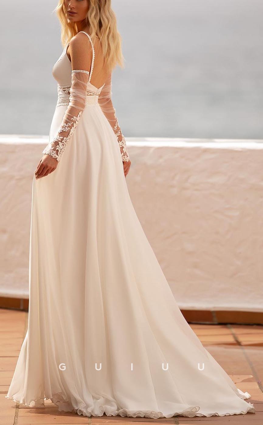 GW705 - Classic & Timeless A-Line V-Neck Straps Embroidered and Draped Boho Wedding Dress with Quarter Sleeves and High Side Slit