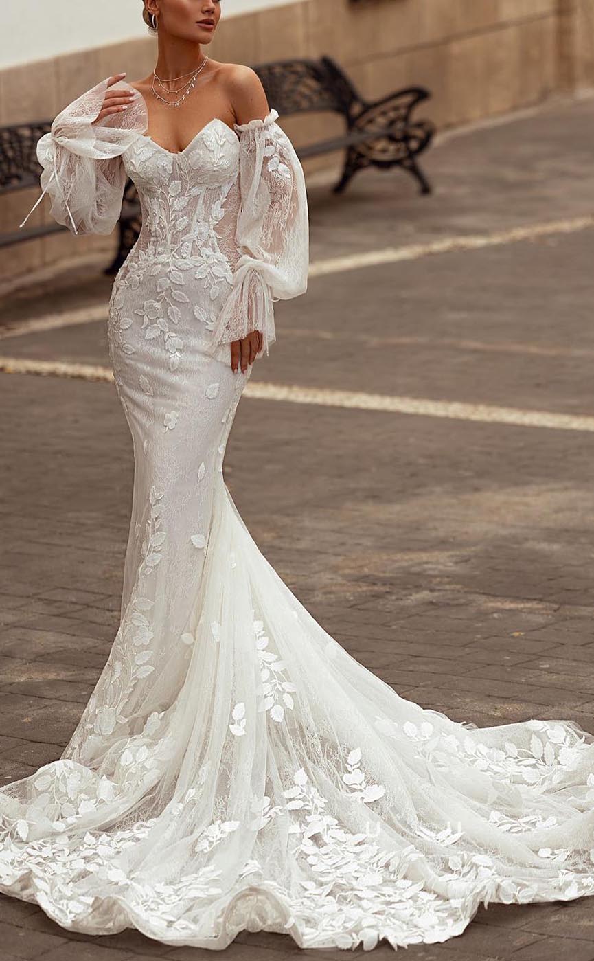 GW706 - Sexy & Hot Mermaid V-Neck Allover Lace and Appliques Long Wedding Dress with Long Bishop Sleeves and Sweep Train