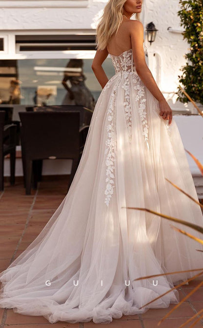 GW707 - Classic & Timeless A-Line Sweetheart Floral Appliqued Wedding Dress with High Side Slit