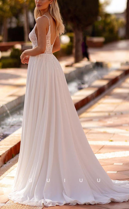GW708 - Chic & Modern A-Line V-Neck Straps Appliqued and Beaded Boho Wedding Dress with High Side Slit