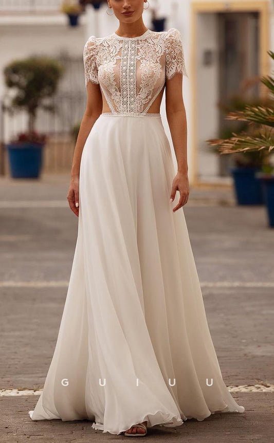 GW709 - Chic & Modern A-Line Scoop Cut-outs and Lace Appliques Draped Boho Wedding Dress with Short Sleeves