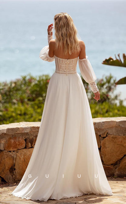 GW710 - Chic & Modern A-Line Sweetheart Appliques Boho Wedding Dress with Quarter Bishop Sleeves and High Side Slit