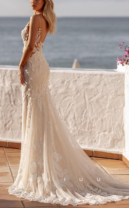 GW711 - Sexy & Hot Sheath V-Neck Straps Lace and Floral Appliqued Wedding Dress with Sweep Train