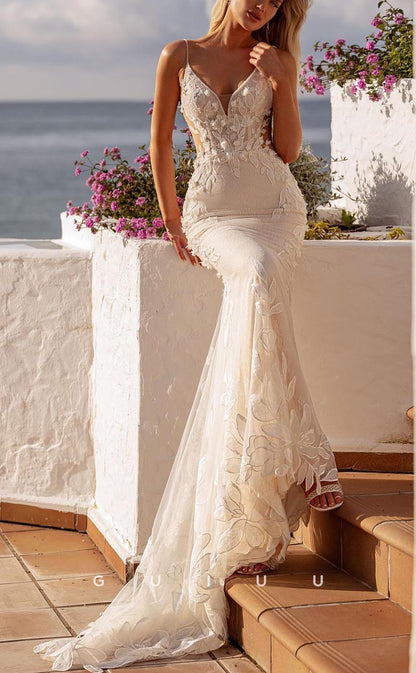 GW711 - Sexy & Hot Sheath V-Neck Straps Lace and Floral Appliqued Wedding Dress with Sweep Train