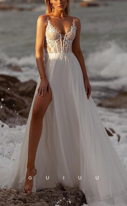 GW712 - Chic & Modern A-Line V-Neck Straps Illusion Appliqued and Draped Boho Wedding Dress with High Side Slit