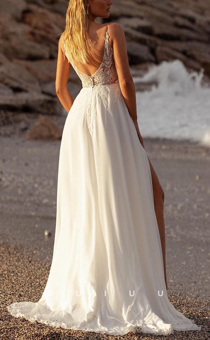 GW712 - Chic & Modern A-Line V-Neck Straps Illusion Appliqued and Draped Boho Wedding Dress with High Side Slit