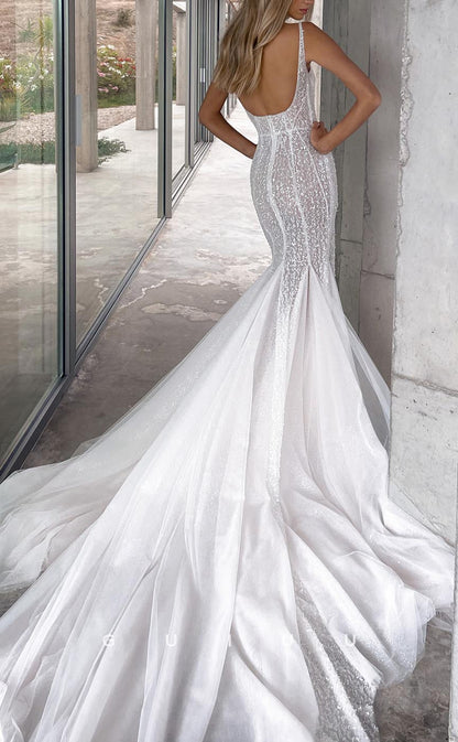 GW713 - Chic & Modern Mermaid Square Straps Appliques Wedding Dress with Sweep Train