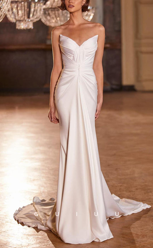 GW716 - Classic & Timeless Mermaid V-Neck Strapless Draped and Beaded Boho Wedding Dress with Halter and Sweep Train