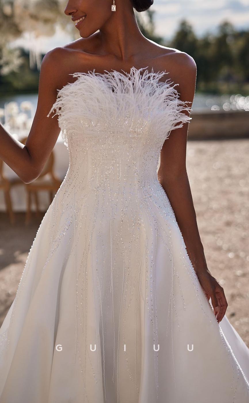 GW717 - Chic & Modern A-line Strapless Sequined and Draped Wedding Dress with Feather
