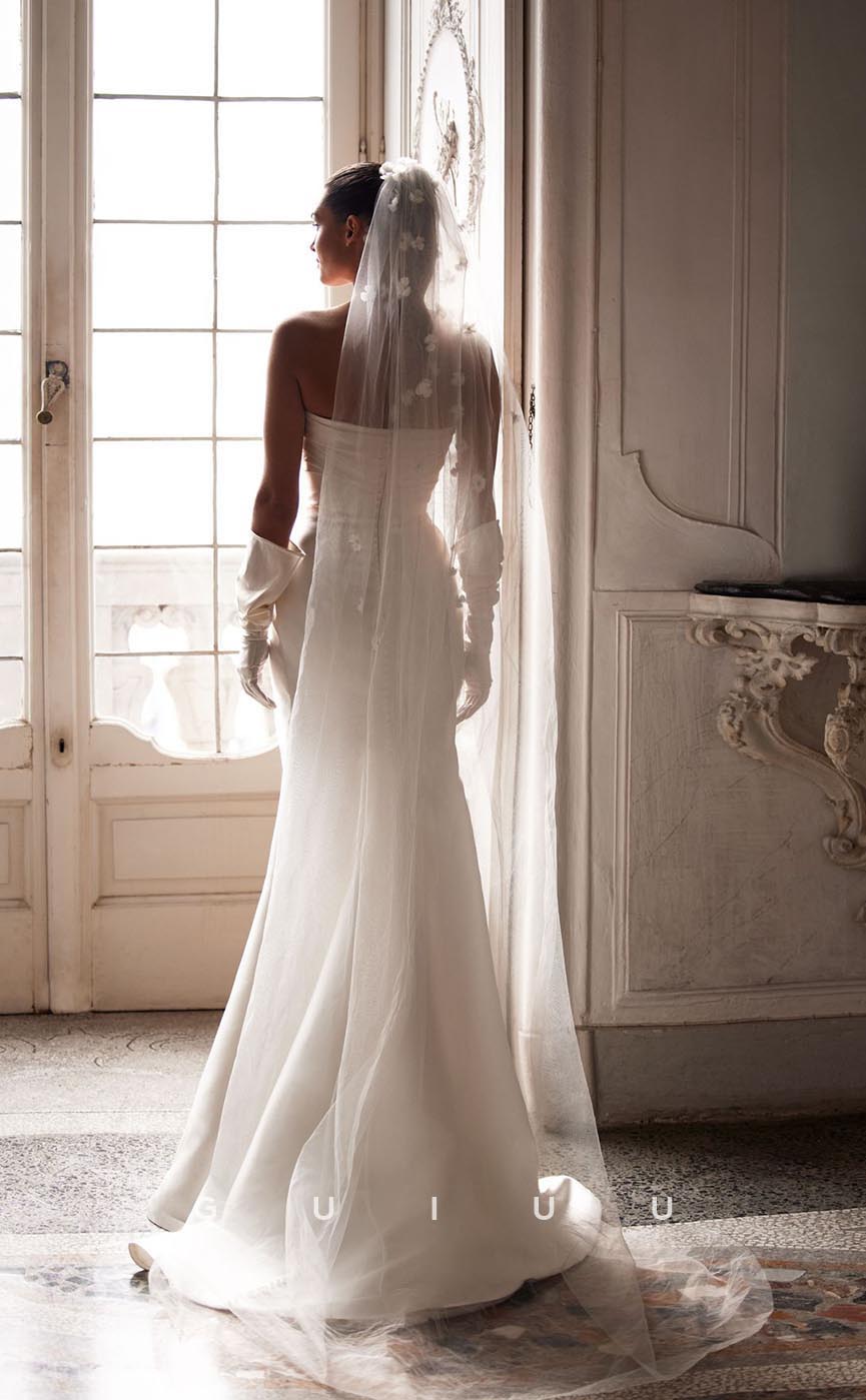 GW718 - Sexy & Hot Sheath Illusion Sweetheart Draped Boho Wedding Dress with High Side Slit and Pearls