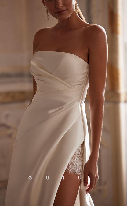 GW719 - Chic & Modern A-Line Strapless Draped and Lace Wedding Dress with High Side Slit