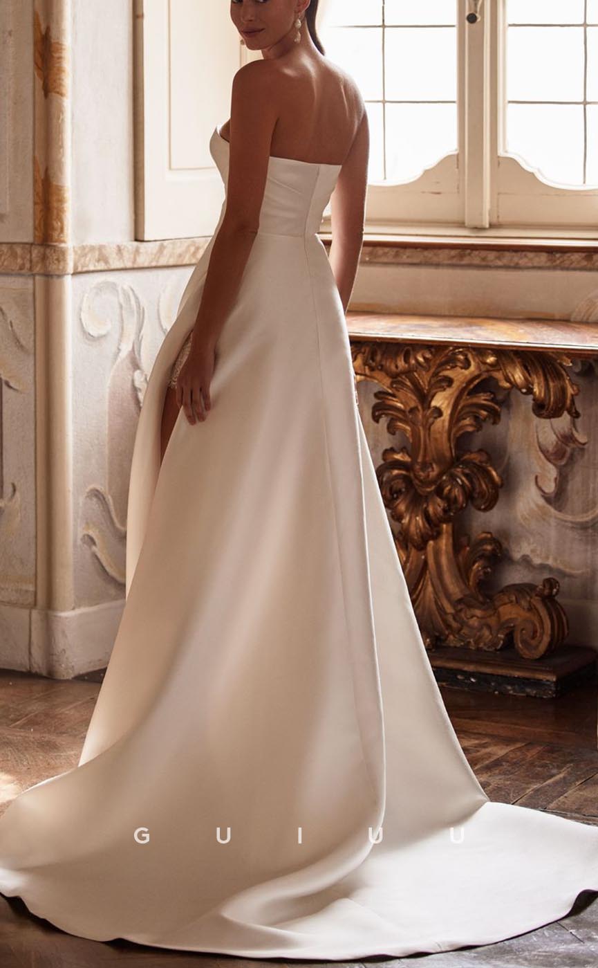 GW719 - Chic & Modern A-Line Strapless Draped and Lace Wedding Dress with High Side Slit