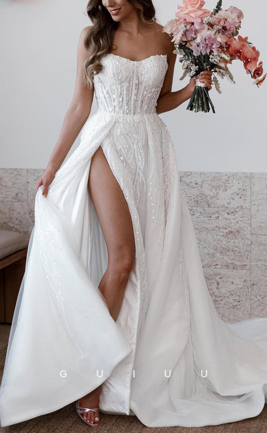 GW722 - Classic & Timeless A-Line Strapless Sequined and Floral Embossed Wedding Dress with High Side Slit and Sweep Train