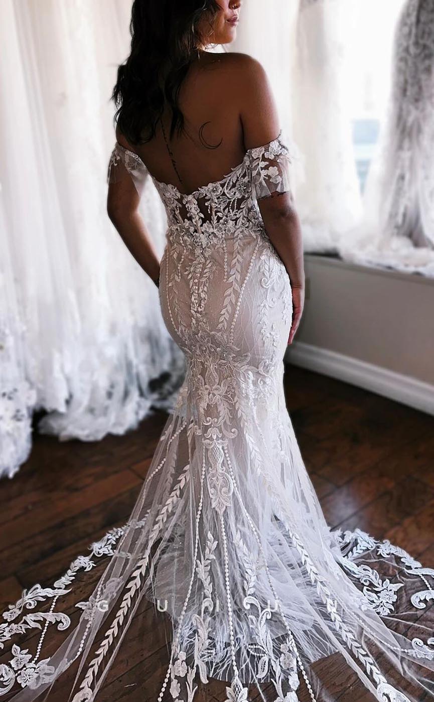 GW726 - Elegant & Luxurious Sheath Off Shoulder Allover Lace and Floral Appliqued Wedding Dress with Sweep Train