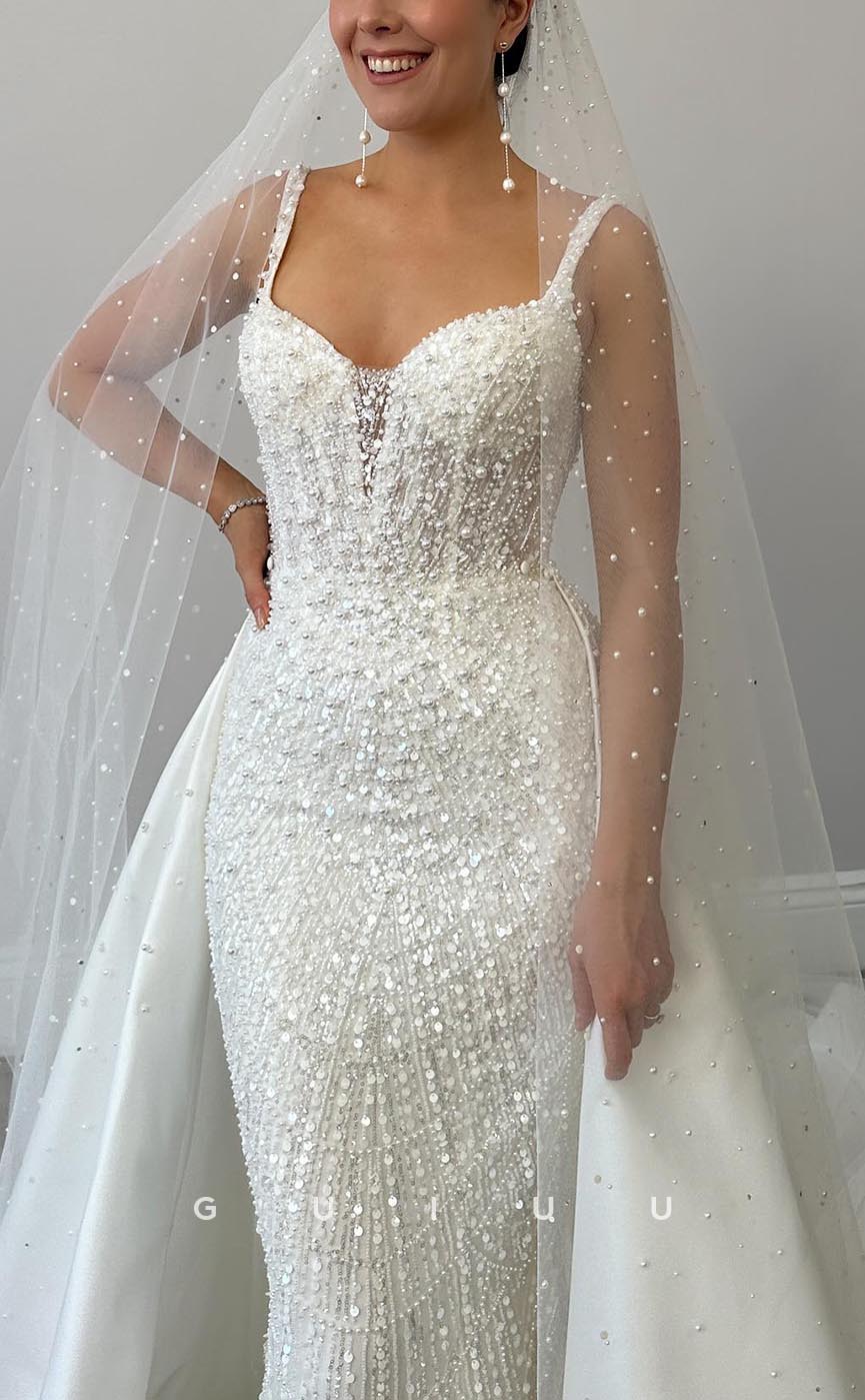 GW728 - Sexy & Hot Sheath V-Neck Straps Fully Beaded and Sequined Pearls Wedding Dress with Overlay