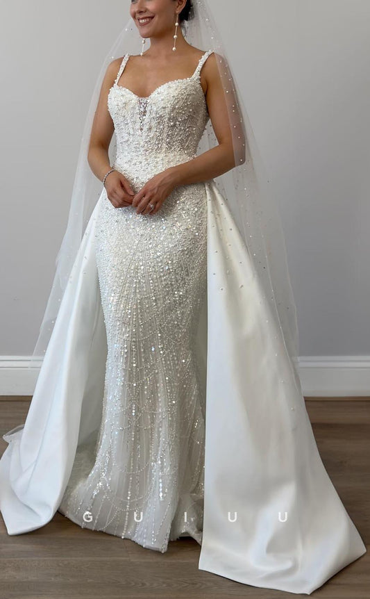 GW728 - Sexy & Hot Sheath V-Neck Straps Fully Beaded and Sequined Pearls Wedding Dress with Overlay