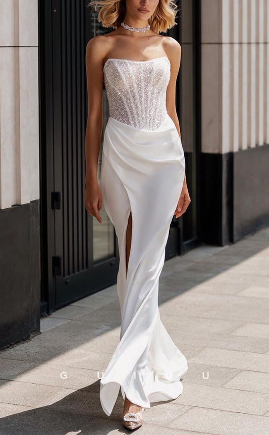 GW730 - Sexy & Hot Sheath Strapless Sequined and Draped Boho Wedding Dress with High Side Slit