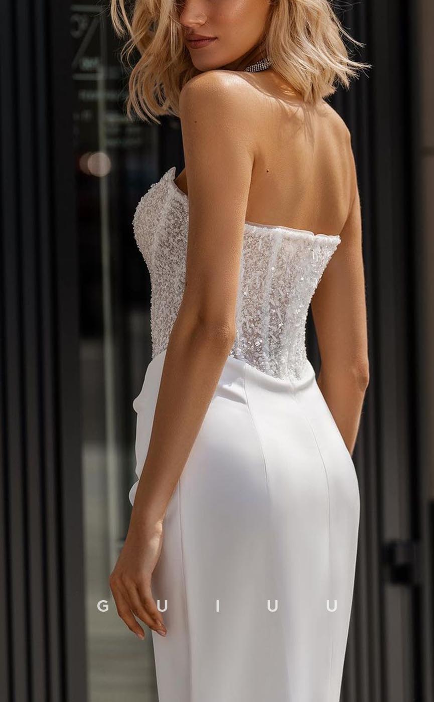 GW730 - Sexy & Hot Sheath Strapless Sequined and Draped Boho Wedding Dress with High Side Slit