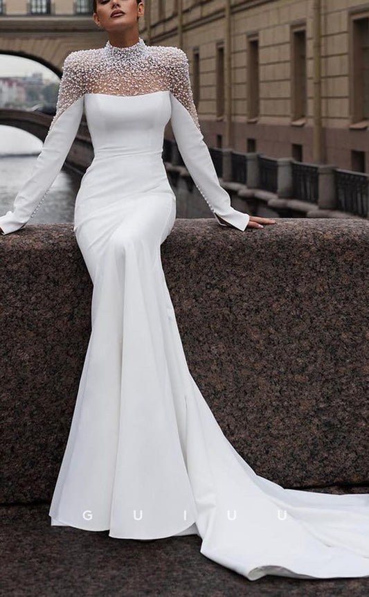 GW731 - Chic & Modern Sheath High Neck Beaded and Pearls Wedding Dress with Long Sleeves and Sweep Train