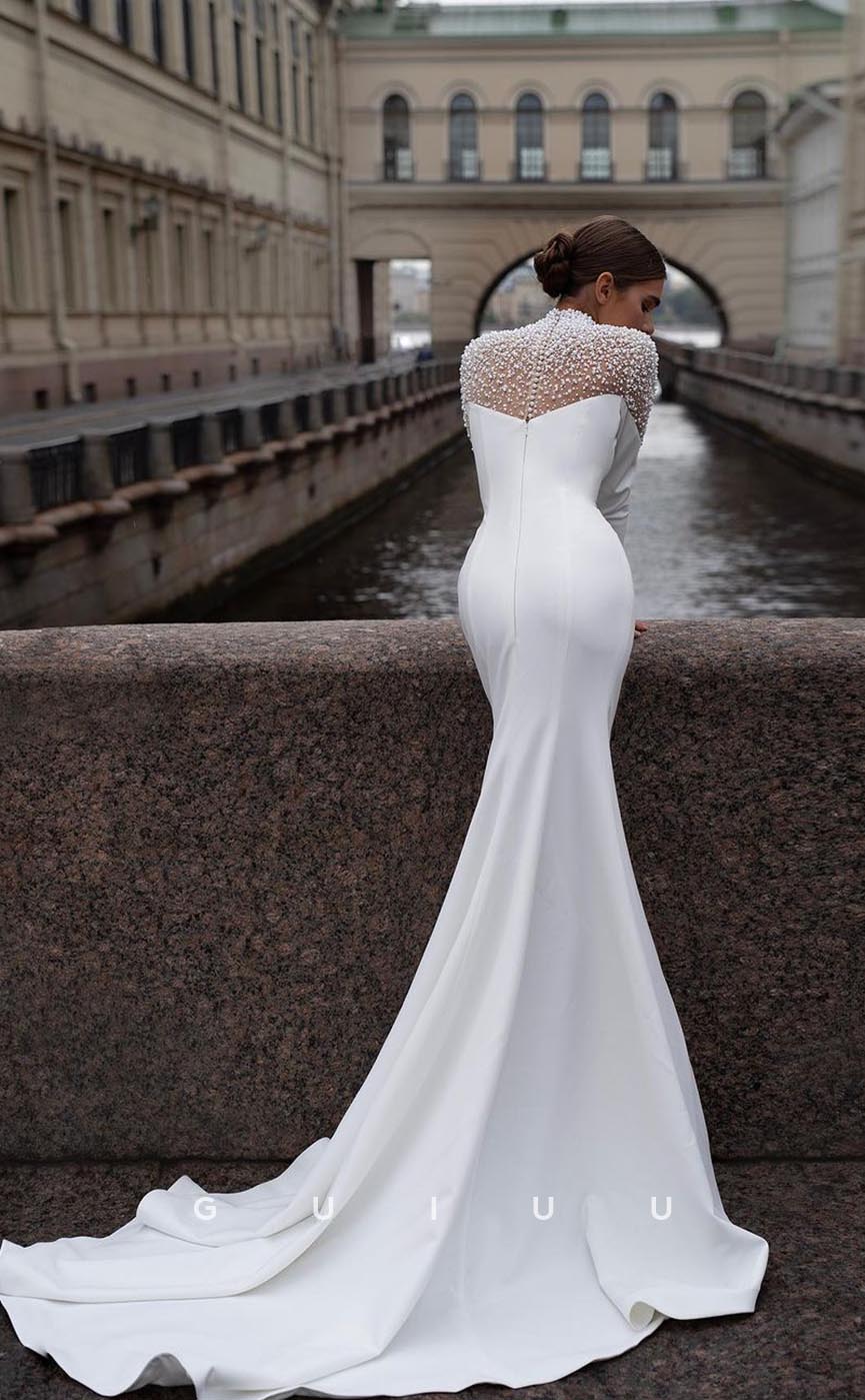 GW731 - Chic & Modern Sheath High Neck Beaded and Pearls Wedding Dress with Long Sleeves and Sweep Train