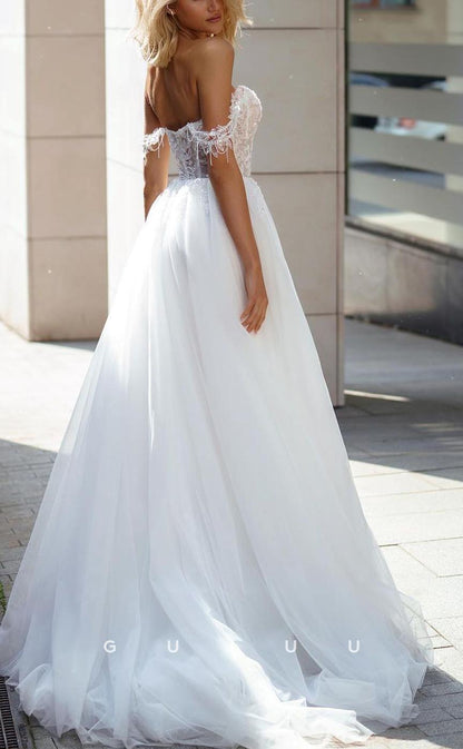 GW732 - Chic & Modern A-Line Off Shoulder Beaded and Fringed-Bead Wedding Dress