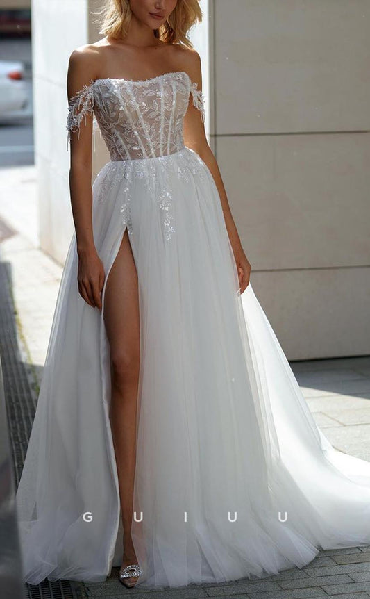 GW732 - Chic & Modern A-Line Off Shoulder Beaded and Fringed-Bead Wedding Dress
