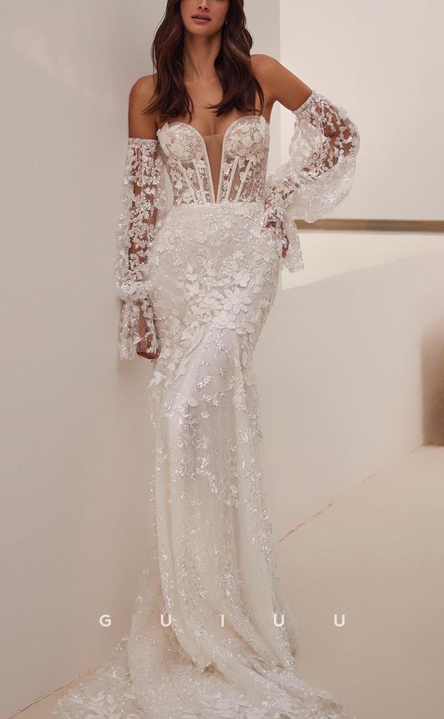 GW736 - Chic & Modern Sheath V-Neck Appliqued Sequined and Beaded Boho Wedding Dress with Long Sleeves