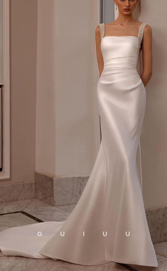 GW739 - Classic & Modern Mermaid Square Beaded Cut-Outs Wedding Dress with Overlay and Sweep Train