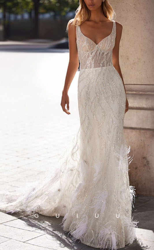GW740 - Sexy & Hot Sheath V-Neck Straps Fully Beaded Boho Wedding Dress with Feather and Sweep Train