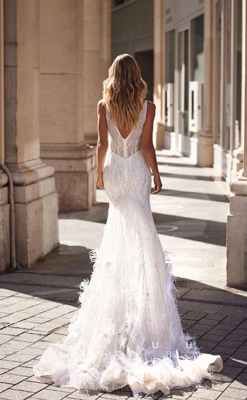 GW740 - Sexy & Hot Sheath V-Neck Straps Fully Beaded Boho Wedding Dress with Feather and Sweep Train