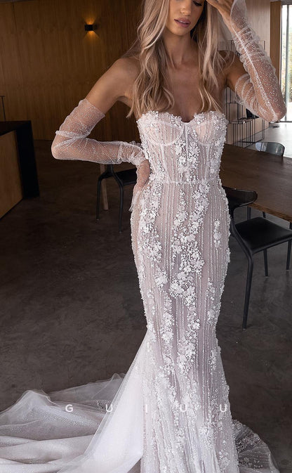 GW741 - Sexy & Hot Mermaid Sweetheart Fully Beaded and Floral Embossed Wedding Dress with Sweep Train and Quarter Sleeves