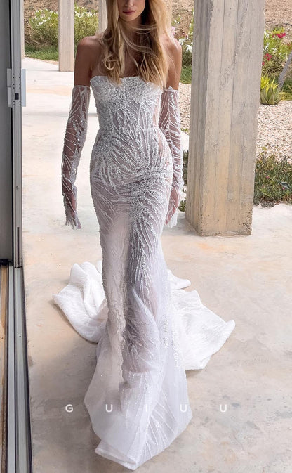 GW742 - Chic & Modern Mermaid Strapless Fully Beaded and Sequined Illusion Wedding Dress with Sweep Train and Long Sleeves