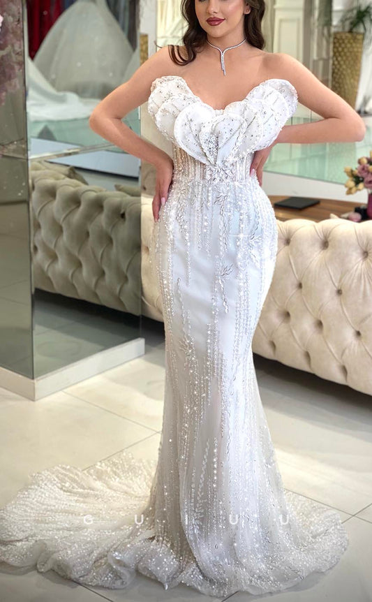 GW744 - Sexy & Hot Sheath Strapless Beaded and Sequined Wedding Dress with Pearls and Sweep Train