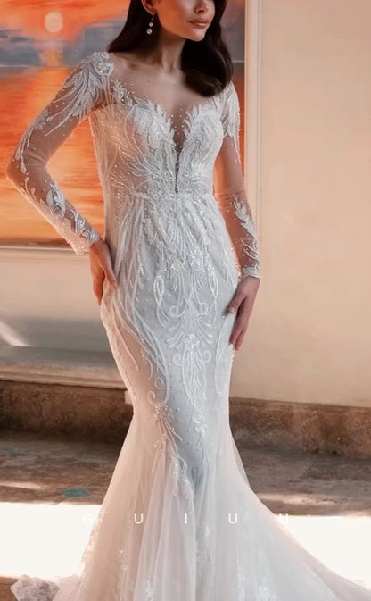 GW745 - Chic & Modern Mermaid Scoop Illusion Fully Beaded and Floral Appliqued Long Wedding Dress with Long Sleeves and Sweep Train