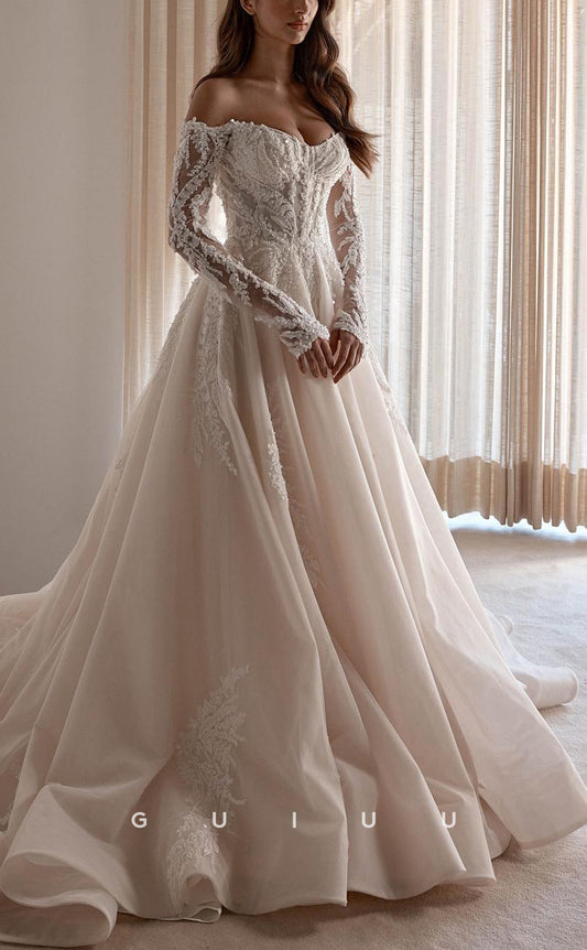 GW746 - Classic & Timeless A-Line Off Shoulder Floral Appliqued and Beaded Wedding Dress with Long Sleeves and Court Train