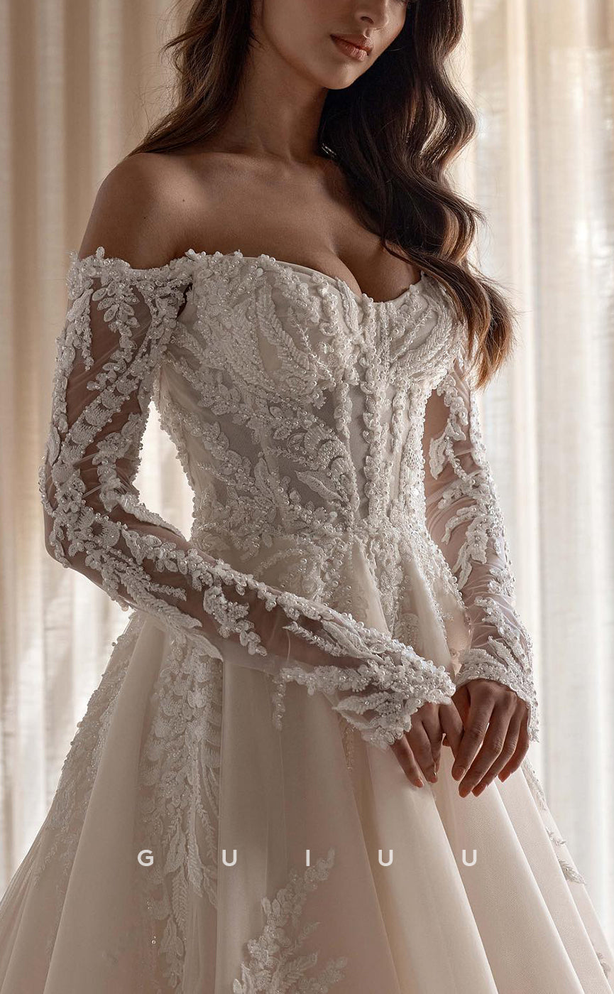 GW746 - Classic & Timeless A-Line Off Shoulder Floral Appliqued and Beaded Wedding Dress with Long Sleeves and Court Train