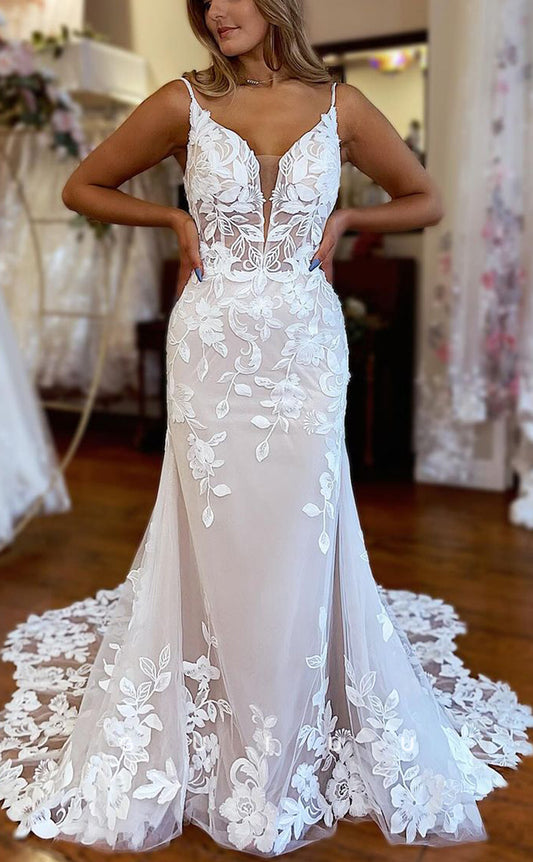 GW747 - Chic & Modern Mermiad V-Neck Floral Appliqued Long Wedding Dress with Sweep Train and Overlay