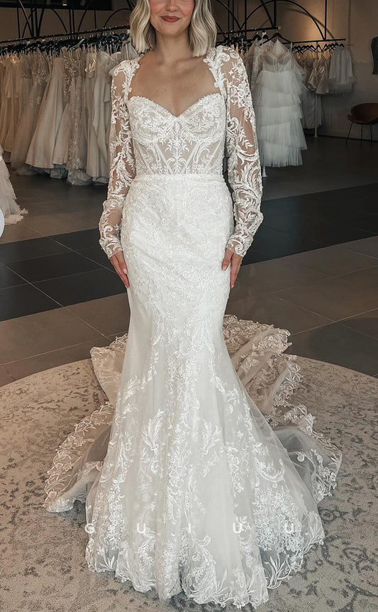 GW749 - Sexy & Hot Mermaid V-Neck Floral Appliqued Wedding Dress with Long Sleeves and Sweep Train