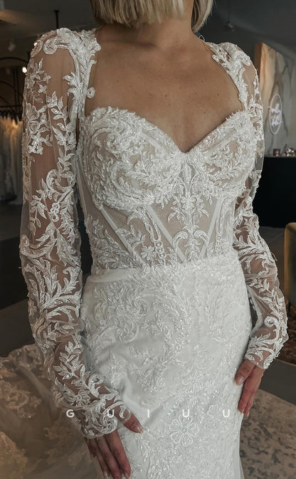 GW749 - Sexy & Hot Mermaid V-Neck Floral Appliqued Wedding Dress with Long Sleeves and Sweep Train
