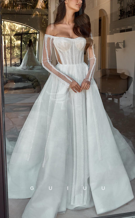 GW750 - Chic & Modern A-Line Off Shoulder Fully Beaded Cut-Outs and Illusion Long Wedding Dress with Sweep Train