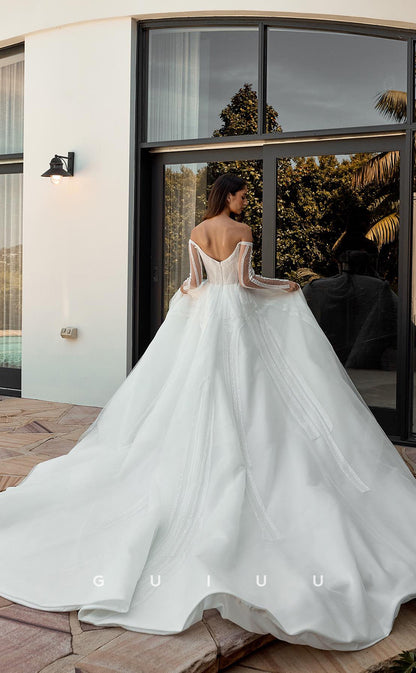 GW750 - Chic & Modern A-Line Off Shoulder Fully Beaded Cut-Outs and Illusion Long Wedding Dress with Sweep Train