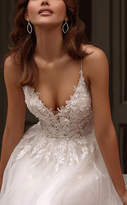 GW752 - Chic & Modern A-Line V-Neck Straps Floral Embroidered and Appliqued Wedding Dress