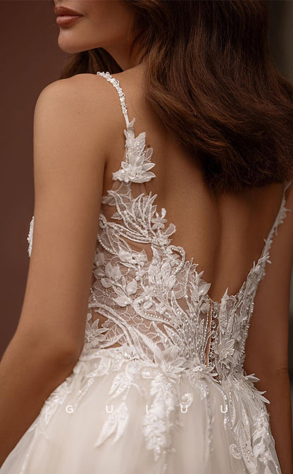 GW752 - Chic & Modern A-Line V-Neck Straps Floral Embroidered and Appliqued Wedding Dress