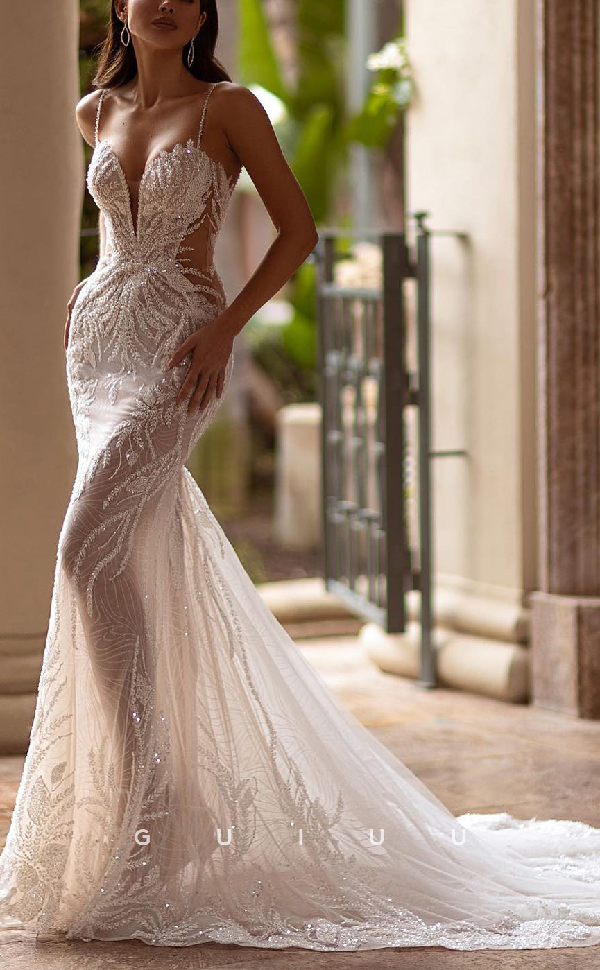 GW755 - Sexy & Hot Mermaid V-Neck Straps Fully Beaded and Sequined Illusion Wedding Dress with Sweep Train