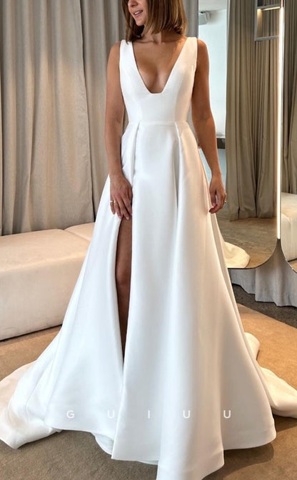 GW756 - Chic & Modern A-Line V-Neck Draped Wedding Dress with High Side Slit and Sweep Train